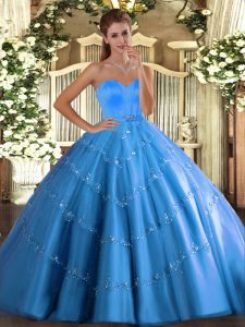 Superior Baby Blue Sleeveless Beading and Appliques Floor Length Quince Ball Gowns