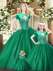Floor Length Lace Up Ball Gown Prom Dress Green for Military Ball and Sweet 16 and Quinceanera with Beading