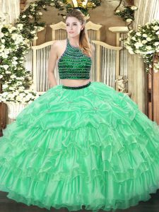 Superior Apple Green Organza Zipper Halter Top Sleeveless Floor Length Quinceanera Gown Beading and Ruffled Layers