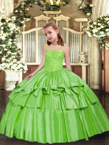 Elegant Straps Sleeveless Evening Gowns Floor Length Beading and Ruffled Layers Yellow Green Taffeta