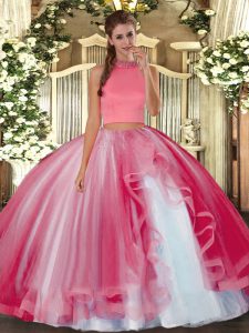 Coral Red Halter Top Neckline Beading and Ruffles Quinceanera Gown Sleeveless Backless