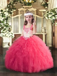 Wonderful Straps Sleeveless Tulle Child Pageant Dress Beading and Ruffles Lace Up