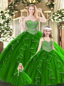 Green Ball Gowns Beading and Ruffles Quinceanera Dresses Lace Up Tulle Sleeveless Floor Length