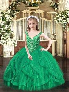 Great Beading and Ruffles Pageant Dress Turquoise Lace Up Sleeveless Floor Length