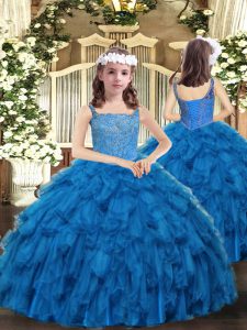 Floor Length Blue Little Girls Pageant Gowns Straps Sleeveless Lace Up