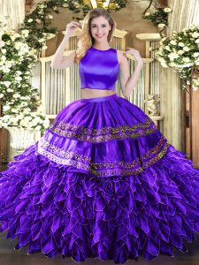 Sumptuous Floor Length Purple Sweet 16 Dress Tulle Sleeveless Ruffles and Sequins