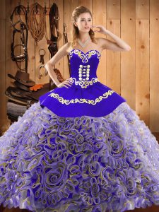 Captivating Multi-color Ball Gowns Embroidery Quinceanera Dresses Lace Up Satin and Fabric With Rolling Flowers Sleeveless With Train