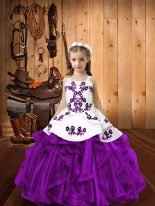 Eggplant Purple Straps Neckline Embroidery and Ruffles Little Girls Pageant Dress Wholesale Sleeveless Lace Up