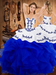 Adorable Strapless Sleeveless Lace Up Vestidos de Quinceanera Blue And White Satin and Organza