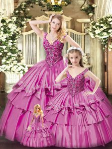 Trendy Sleeveless Organza Floor Length Lace Up Ball Gown Prom Dress in Fuchsia with Beading and Ruffled Layers