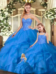 Blue Sweetheart Neckline Beading and Ruffles Quince Ball Gowns Sleeveless Lace Up