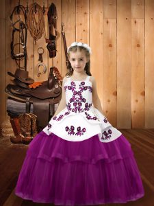 Purple Straps Lace Up Embroidery Little Girl Pageant Dress Sleeveless