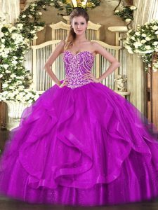 Nice Fuchsia Lace Up Vestidos de Quinceanera Beading and Ruffles Sleeveless Floor Length