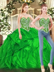 Sleeveless Tulle Floor Length Lace Up 15 Quinceanera Dress in Green with Beading and Ruffles