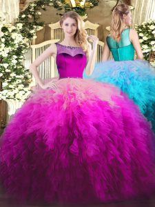 High End Fuchsia Tulle Zipper Quince Ball Gowns Sleeveless Floor Length Beading and Ruffles