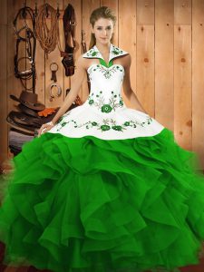 Embroidery and Ruffles 15th Birthday Dress Green Lace Up Sleeveless Floor Length