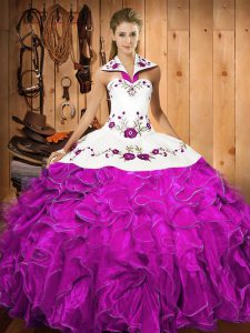 Fine Fuchsia Satin and Organza Lace Up Halter Top Sleeveless Floor Length Sweet 16 Dresses Embroidery and Ruffles