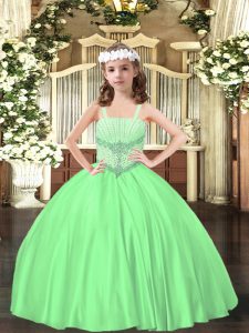 Custom Design Green Ball Gowns Straps Sleeveless Satin Floor Length Lace Up Beading Little Girl Pageant Gowns