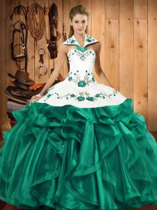 New Arrival Halter Top Sleeveless Quince Ball Gowns Floor Length Embroidery and Ruffles Turquoise Satin and Organza