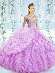 Beading and Ruffles Ball Gown Prom Dress Lilac Lace Up Sleeveless Brush Train