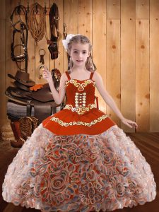 Multi-color Fabric With Rolling Flowers Lace Up Little Girls Pageant Gowns Sleeveless Floor Length Embroidery and Ruffles