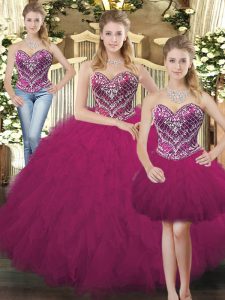 Suitable Sleeveless Organza Floor Length Lace Up 15th Birthday Dress in Fuchsia with Beading and Ruffles