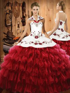 Superior Sleeveless Floor Length Embroidery and Ruffled Layers Lace Up 15th Birthday Dress with Wine Red