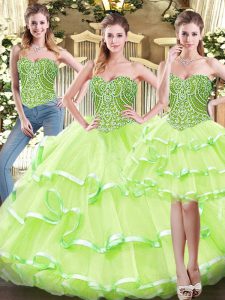 Hot Sale Yellow Green Lace Up Sweetheart Ruffled Layers Vestidos de Quinceanera Organza Sleeveless