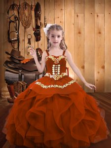 Super Embroidery and Ruffles Winning Pageant Gowns Rust Red Lace Up Sleeveless Floor Length
