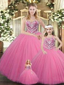 Floor Length Lace Up Vestidos de Quinceanera Rose Pink for Military Ball and Sweet 16 and Quinceanera with Beading