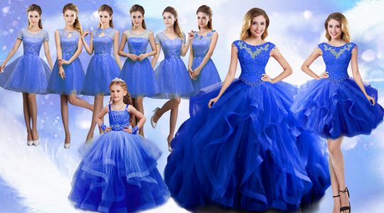 Blue Lace Up Quinceanera Dress Beading and Ruffles Sleeveless Floor Length