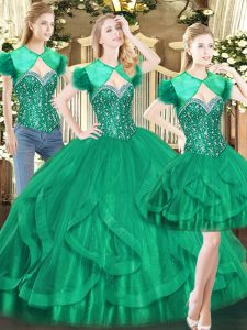 Dark Green Sweetheart Lace Up Beading and Ruffles Sweet 16 Dress Sleeveless