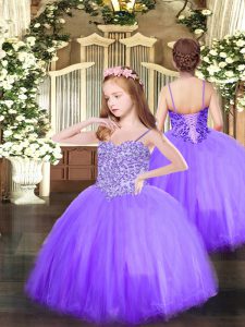 Super Spaghetti Straps Sleeveless Little Girls Pageant Gowns Floor Length Appliques Lavender Tulle