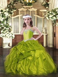 Olive Green Sleeveless Organza Lace Up Little Girl Pageant Gowns for Military Ball and Sweet 16 and Quinceanera