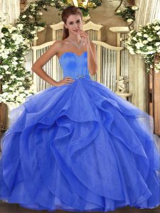 Tulle Sweetheart Sleeveless Lace Up Beading and Ruffles Sweet 16 Quinceanera Dress in Blue