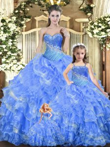 Tulle Sweetheart Sleeveless Lace Up Beading and Ruffles and Ruching 15th Birthday Dress in Baby Blue