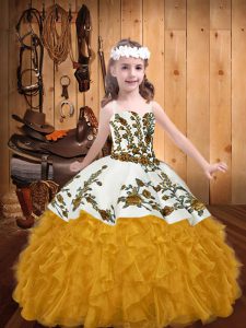 Gold Organza Lace Up Straps Sleeveless Floor Length Little Girls Pageant Dress Wholesale Embroidery and Ruffles