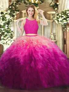 Hot Selling Fuchsia Zipper Quinceanera Gowns Lace and Ruffles Sleeveless Floor Length