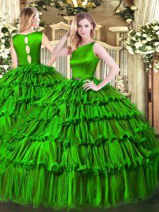 Green Ball Gowns Ruffled Layers Vestidos de Quinceanera Clasp Handle Organza Sleeveless Floor Length