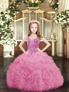 Trendy Rose Pink Sleeveless Beading and Ruffles and Pick Ups Floor Length Little Girls Pageant Dress