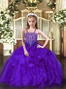 Exquisite Straps Sleeveless Lace Up Kids Pageant Dress Purple Organza