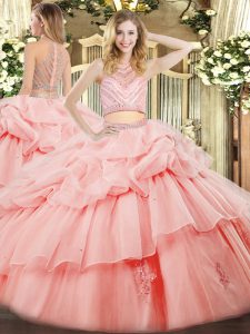 High-neck Sleeveless Zipper Ball Gown Prom Dress Pink Tulle