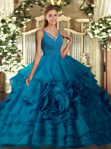 Trendy Fabric With Rolling Flowers Sleeveless Floor Length Sweet 16 Quinceanera Dress and Ruffles