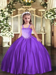 Exquisite Satin Straps Sleeveless Lace Up Appliques Little Girls Pageant Dress in Lavender