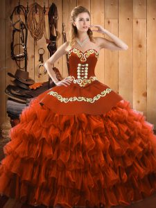 Rust Red Ball Gowns Embroidery and Ruffled Layers Sweet 16 Dresses Lace Up Satin and Organza Sleeveless Floor Length