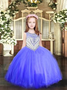 Baby Blue Tulle Zipper Scoop Sleeveless Floor Length Child Pageant Dress Beading