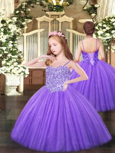 Lavender Ball Gowns Spaghetti Straps Sleeveless Tulle Floor Length Lace Up Appliques Little Girls Pageant Dress Wholesale