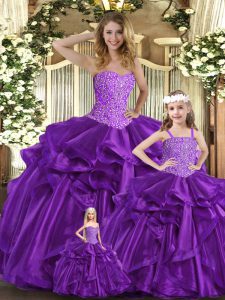 Beading and Ruffles Quinceanera Gowns Purple Lace Up Sleeveless Floor Length