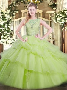 Tulle Scoop Sleeveless Backless Beading and Ruffled Layers Quinceanera Dresses in Yellow Green