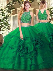 Flirting Dark Green Tulle Zipper High-neck Sleeveless Floor Length Ball Gown Prom Dress Beading and Ruffled Layers